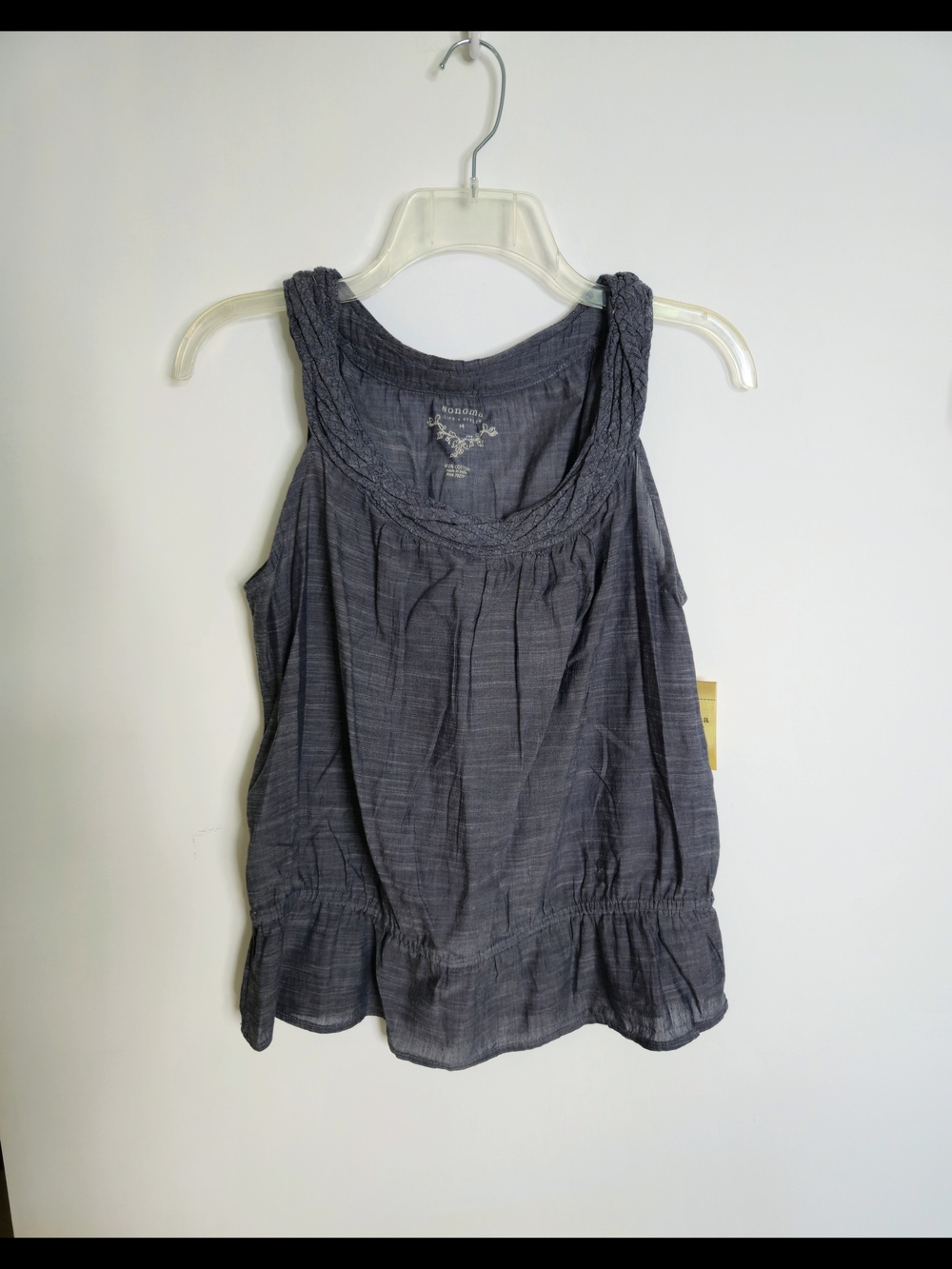 NWT Sonoma Airy Braided- Collar Navy Tank Top with Ruffle Bubble Hem Womens M